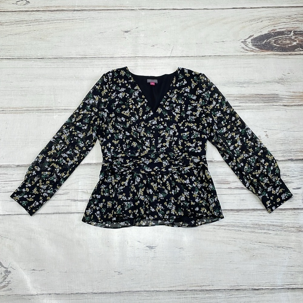 Vince Camuto Blouse Women's M Medium Black Floral Long Sleeve V-Neck Top Shirt - Picture 12 of 16